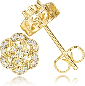 14k Gold Stud Earrings for women Trendy, Flower-shaped Gold Earrings Studs Fit Hypoallergeni Earrings for Women, CZ Stud Earrings Butterfly Push Backings 8mm 10mm