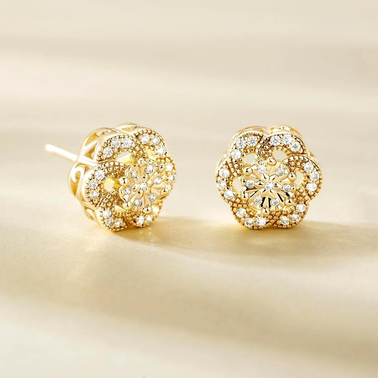 14k Gold Stud Earrings for women Trendy, Flower-shaped Gold Earrings Studs Fit Hypoallergeni Earrings for Women, CZ Stud Earrings Butterfly Push Backings 8mm 10mm