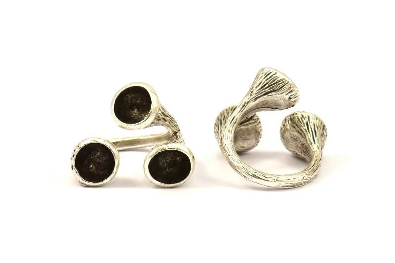 Adjustable Ring Settings - 1 Antique Silver Plated Brass Adjustable Rings with 3 Stone Setting - Pad Size 8mm N349 H0077