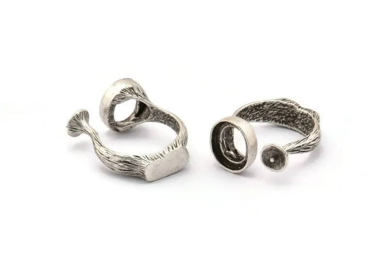 Adjustable Ring Settings, 2 Antique Silver Plated Adjustable Rings with 2 Stone Settings - Pad Size 10x12mm N0133 H0302