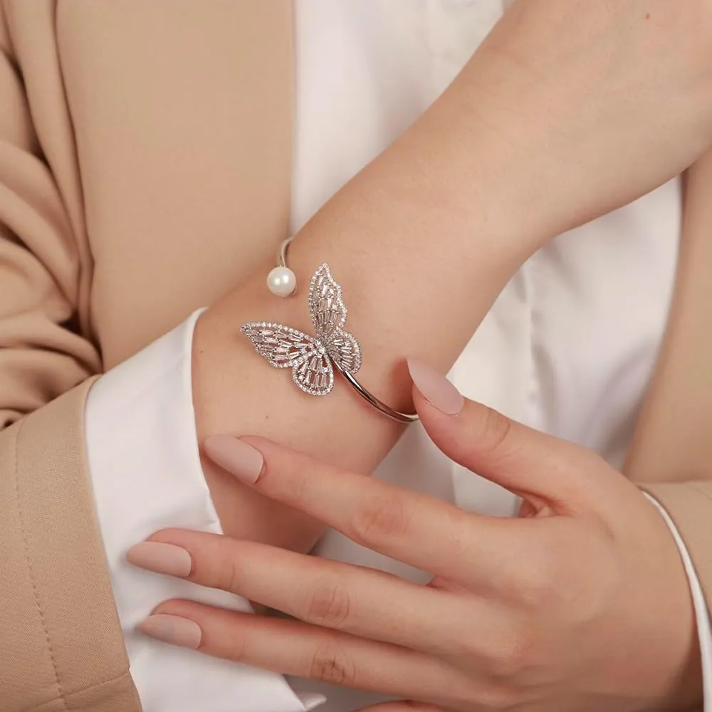 Aimimier Crystal Butterfly Pearl Bracelet Bangle for Women