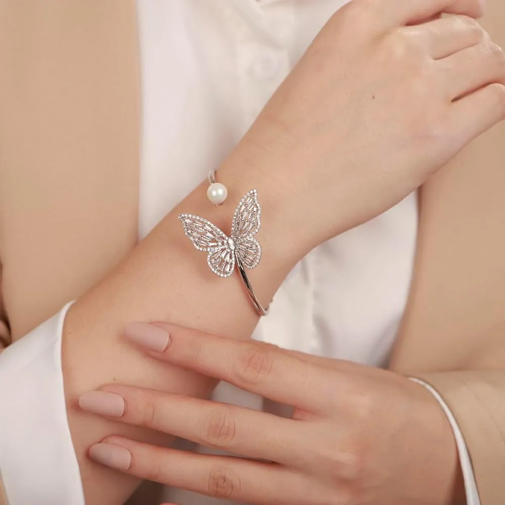 Aimimier Crystal Butterfly Pearl Bracelet Bangle for Women