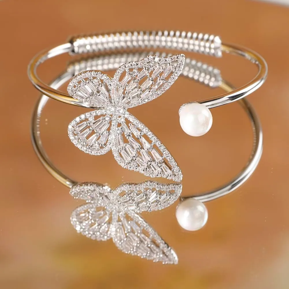Aimimier Crystal Butterfly Pearl Bracelet Bangle for Women