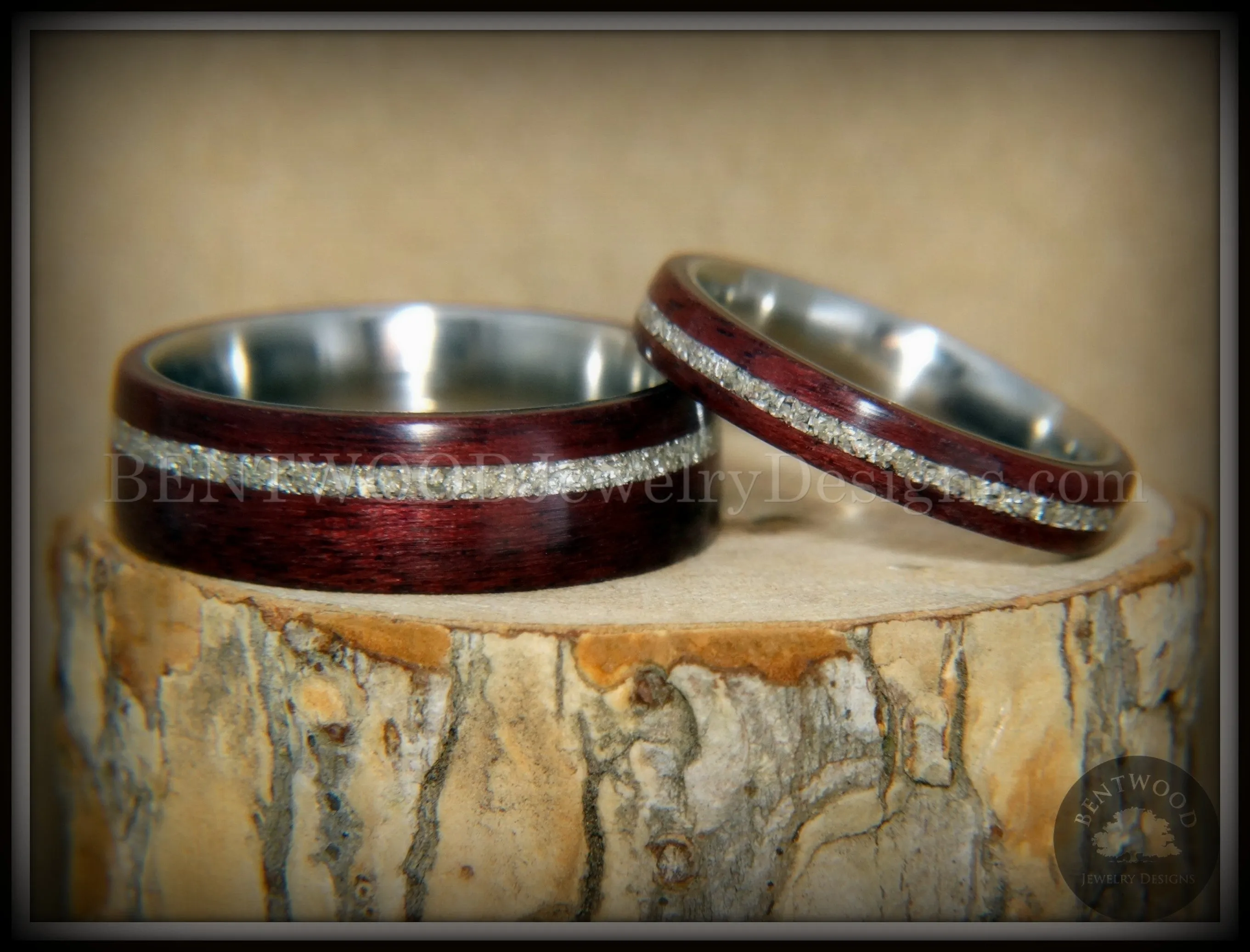Bentwood Rings Set - Purple Heart Pair Purpleheart Wood with Silver Glass Inlay Titanium Cores