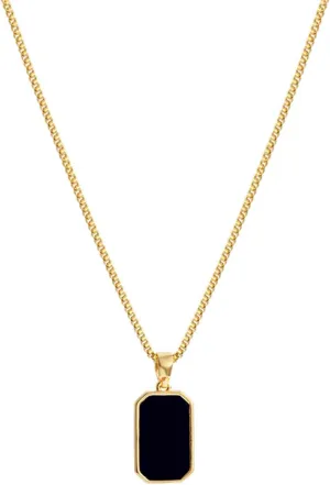 Black Square Onyx Pendant Necklace Gold Plated Vintage Simple Gemstone Rectangle Geometric Small Lightweight Chain Necklace for Women Men Minimalist Birthday Prom Wedding Party Fashion Jewelry Gifts