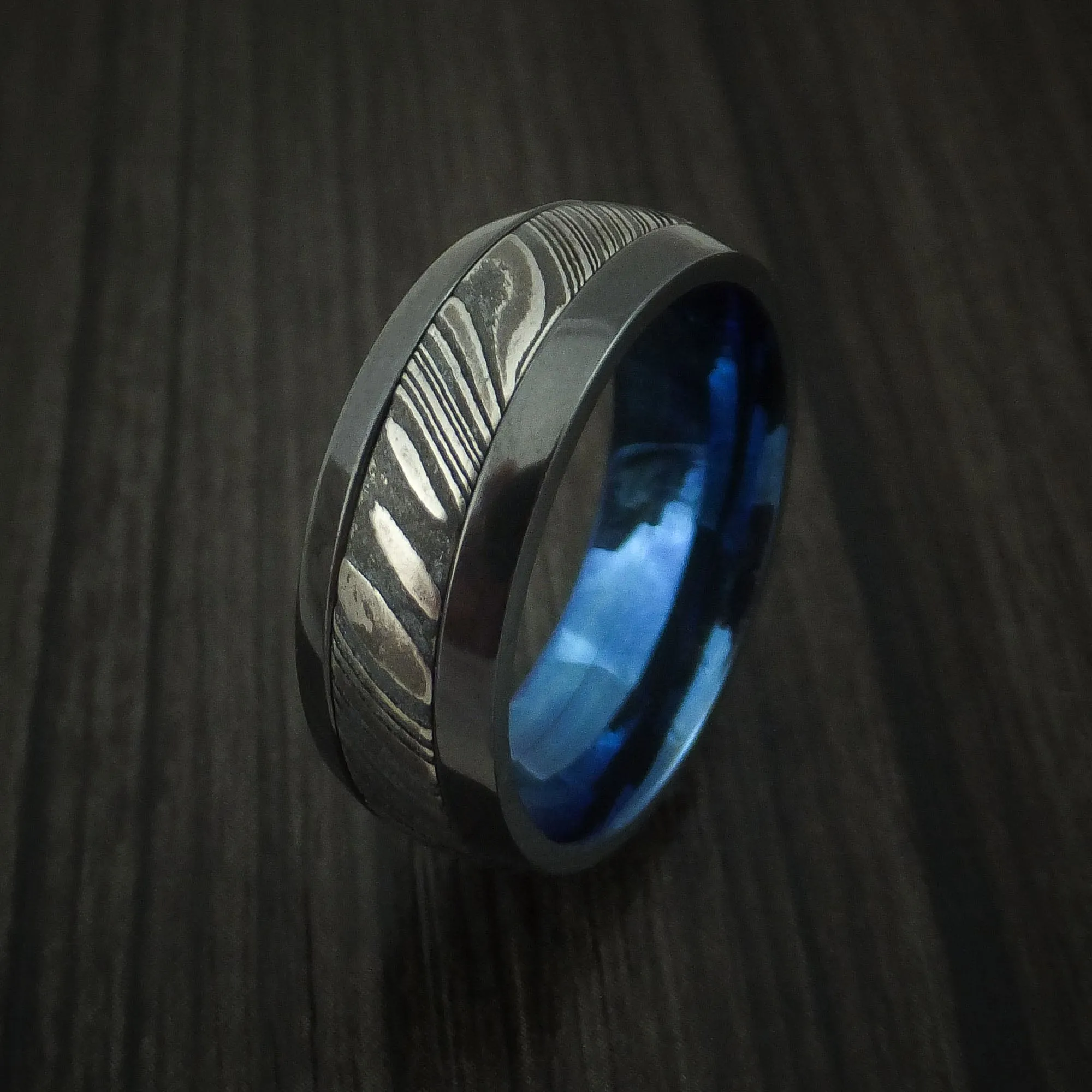 Black Zirconium and Kuro Damascus Steel Band with Anodized Interior Custom Made Men's Ring