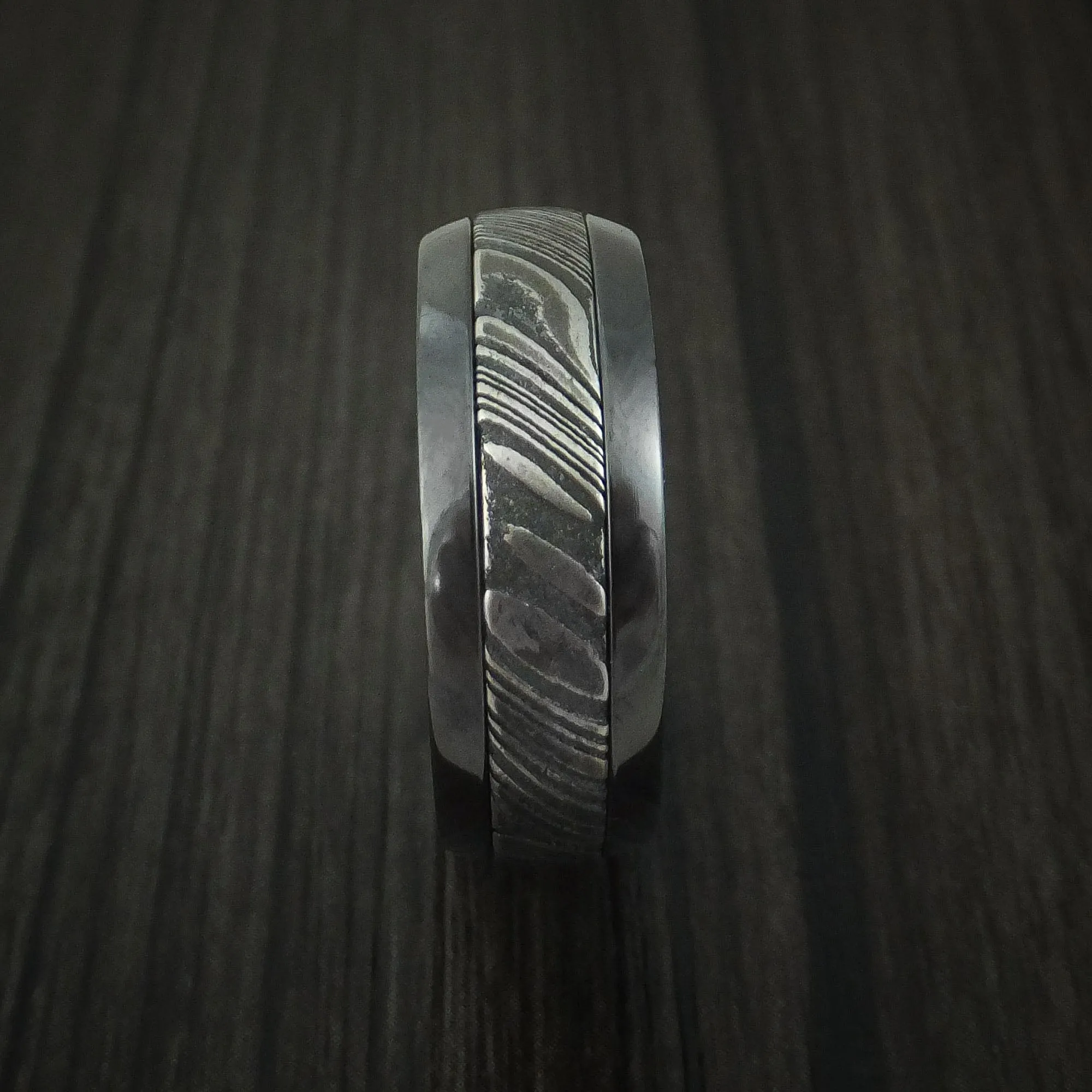 Black Zirconium and Kuro Damascus Steel Band with Anodized Interior Custom Made Men's Ring