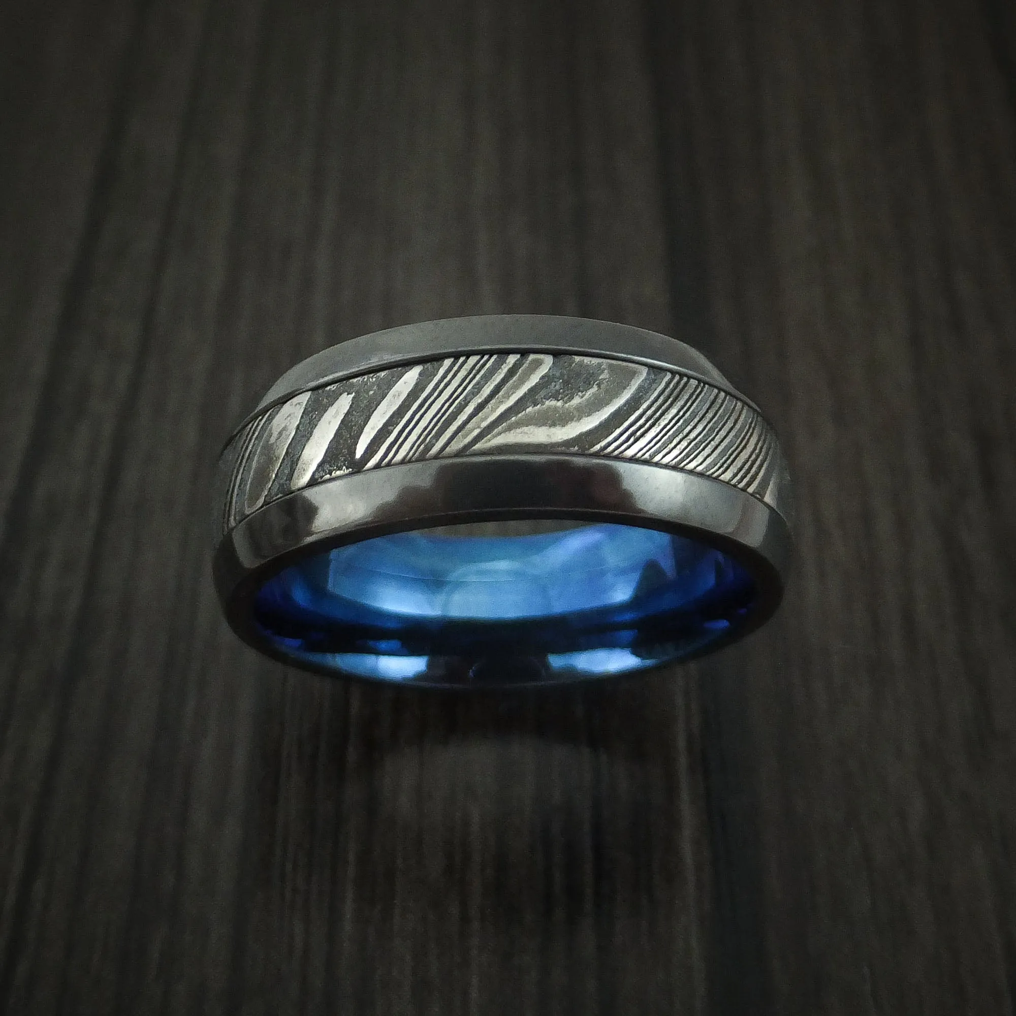 Black Zirconium and Kuro Damascus Steel Band with Anodized Interior Custom Made Men's Ring