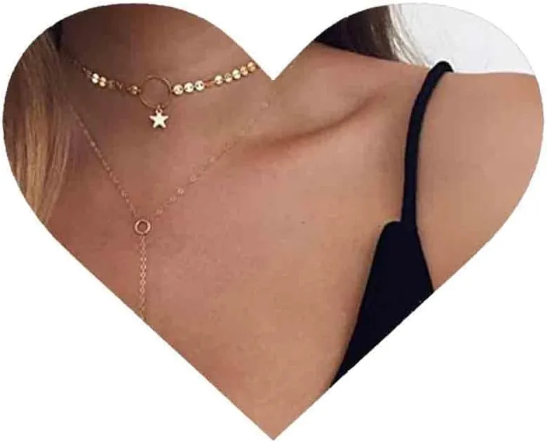 Bohemia Layered Disc Choker Necklace Gold Bar Y Drop Necklace Vintage Star Circle Necklace Long Lariat Y Necklace Sequin Chain Necklace for Women