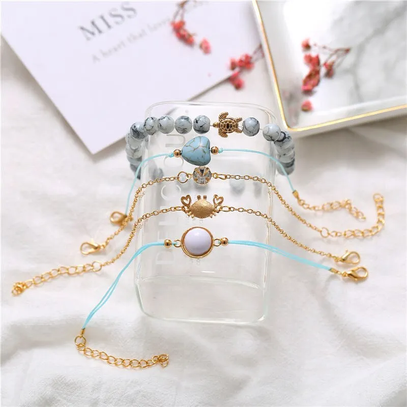 Bohemian Multilayer Grey Beaded Crab Charm Bracelets