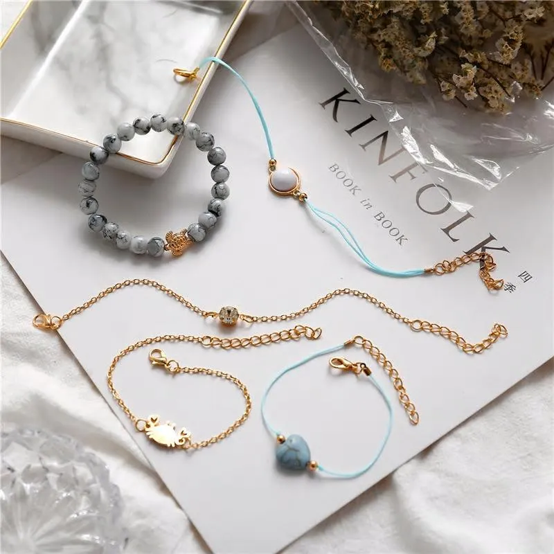 Bohemian Multilayer Grey Beaded Crab Charm Bracelets