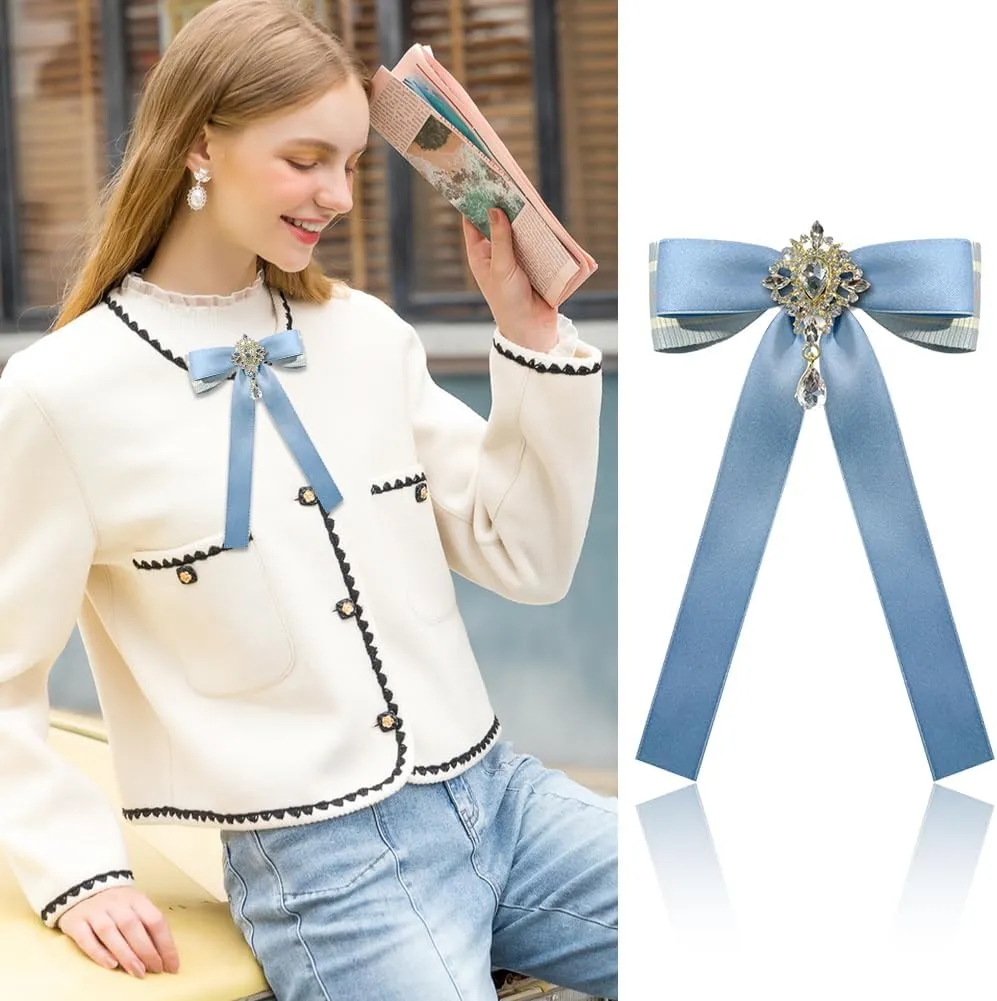 Bowknot Rhinestone Ribbon Bow Brooch Pins for Women Girls Uniform Pre-Tied Bow tie Corsage Party Ceremony Accessories