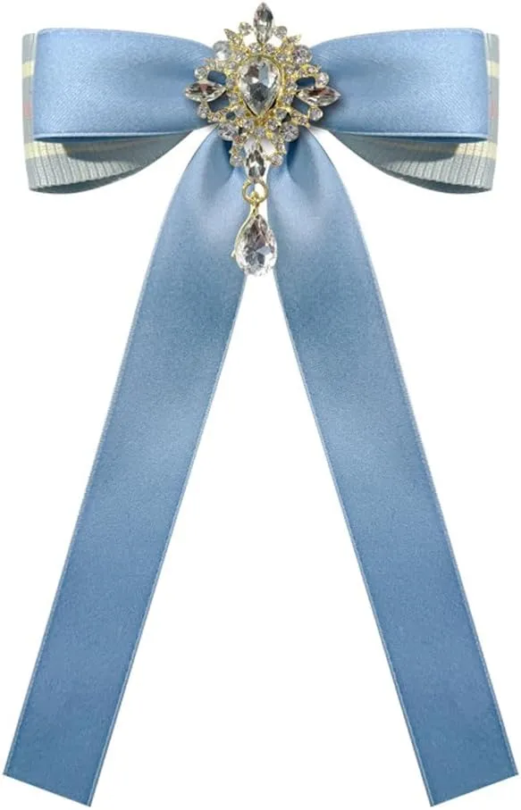 Bowknot Rhinestone Ribbon Bow Brooch Pins for Women Girls Uniform Pre-Tied Bow tie Corsage Party Ceremony Accessories