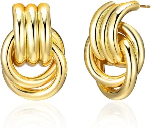 Chunky Gold Knot Earrings for Women, Gold Silver Statement Geometric Drop Dangle Long Link Earrings Trendy Dupes Jewelry