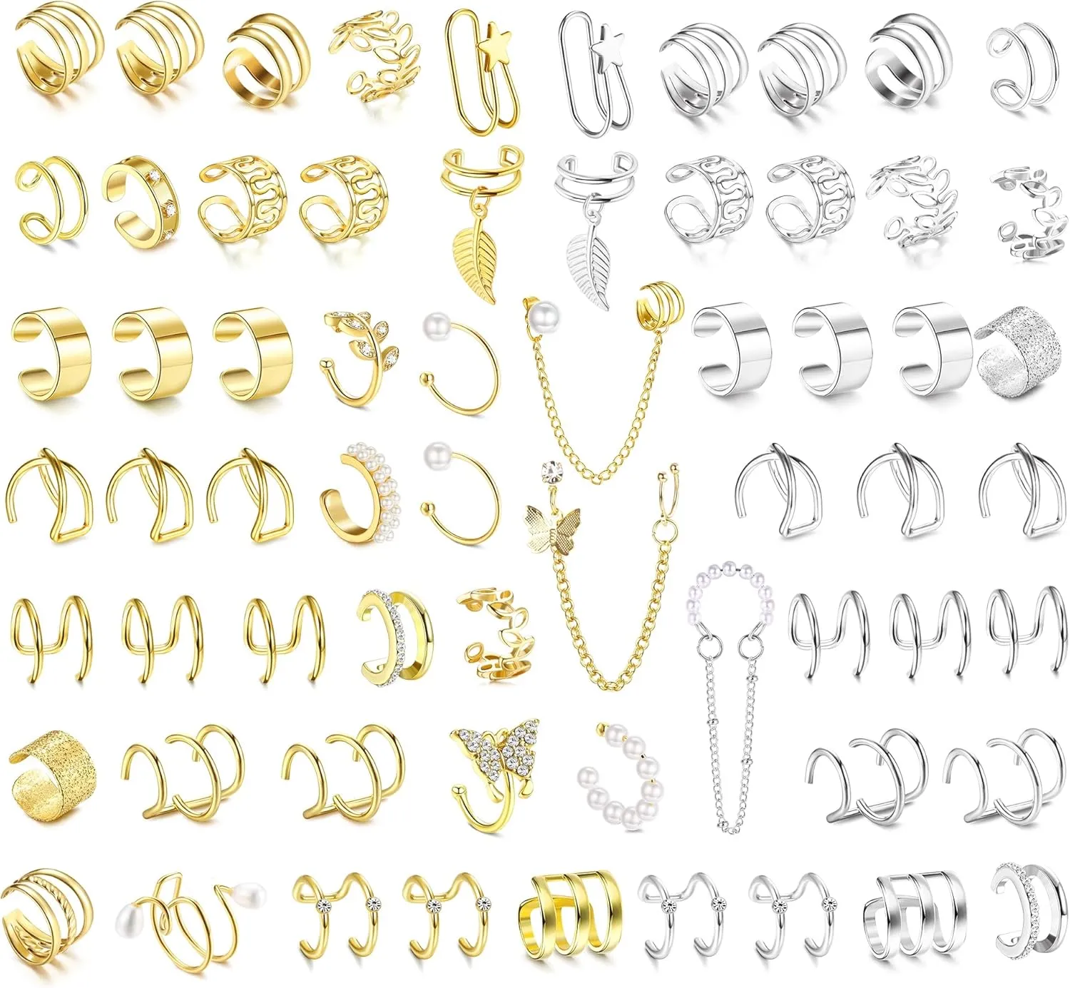 FINREZIO 64PCS Ear Cuff Earrings for Women, Non Piercing Clip On Wrap Cartilage Earrings Helix Ear Cartilage Ear Cuffs, Ear Clip Fake Earrings Adjustable