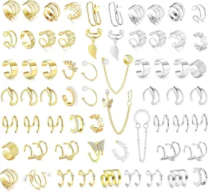 FINREZIO 64PCS Ear Cuff Earrings for Women, Non Piercing Clip On Wrap Cartilage Earrings Helix Ear Cartilage Ear Cuffs, Ear Clip Fake Earrings Adjustable