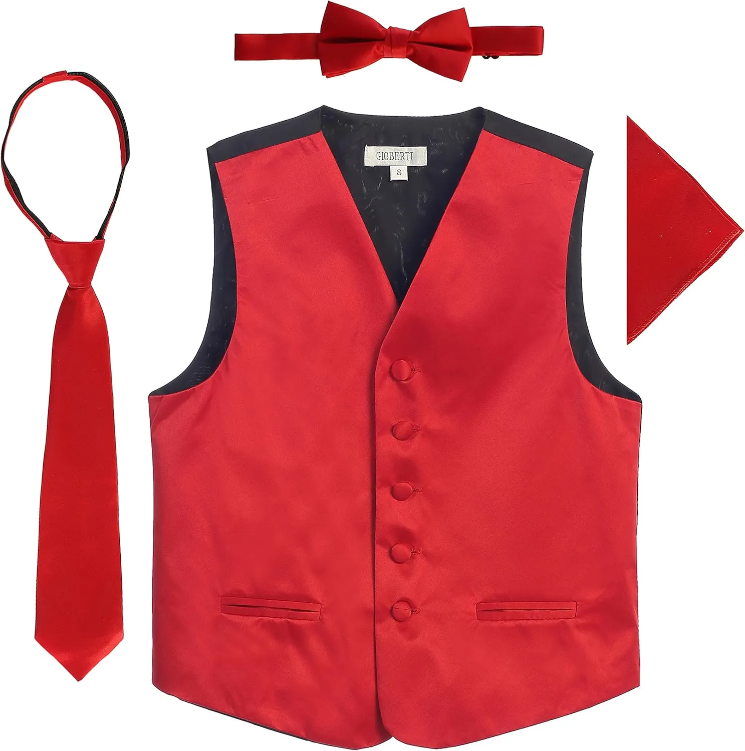 Gioberti Kids and Boys 4pc Satin Formal Vest Set - Vest, Bowtie, Tie, Pocket Square