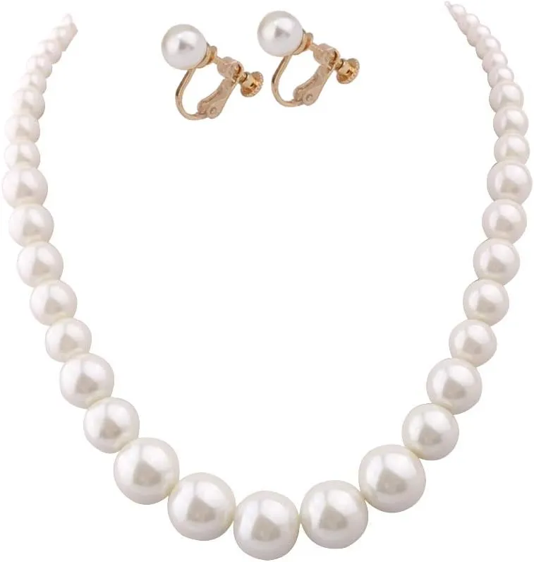 Handmade Faux Pearl Necklace and Clip on Earrings Jewelry Sets for Women Bib Choker Collar Necklace