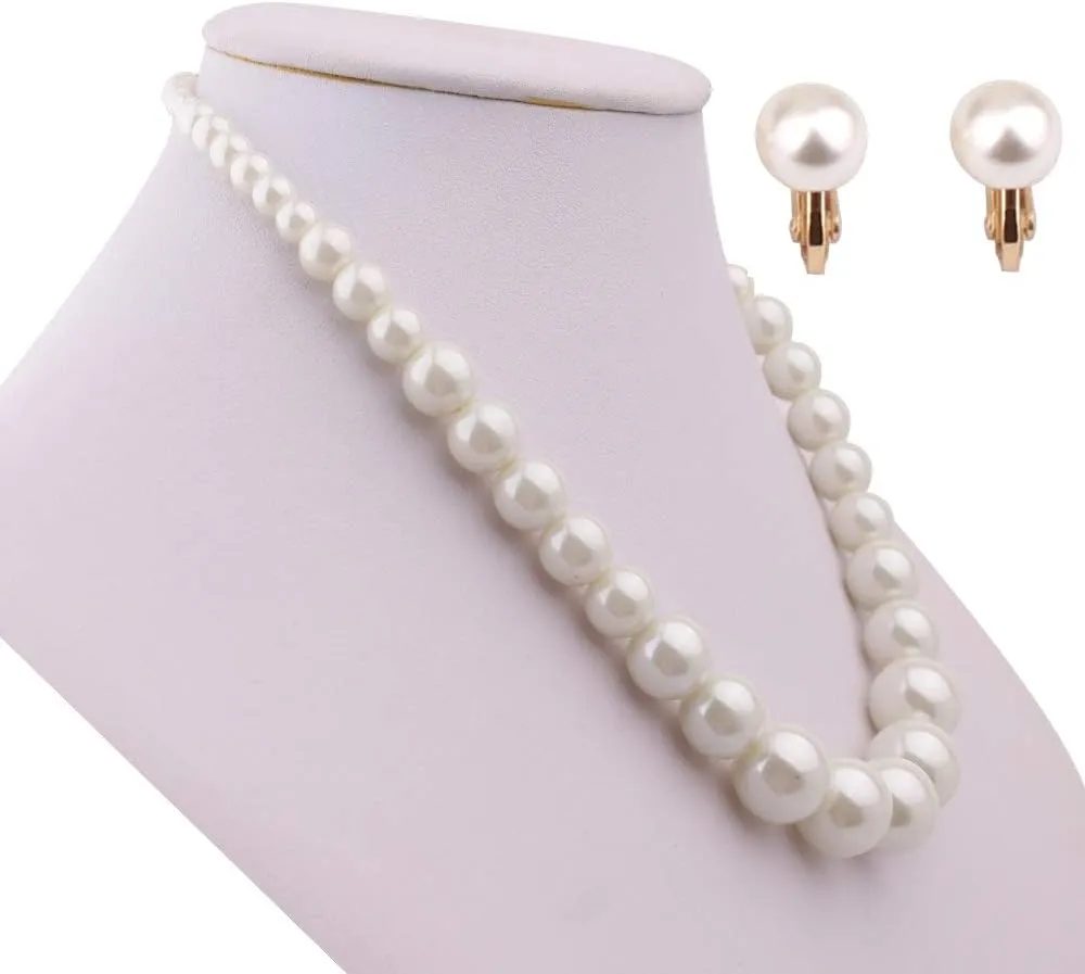 Handmade Faux Pearl Necklace and Clip on Earrings Jewelry Sets for Women Bib Choker Collar Necklace