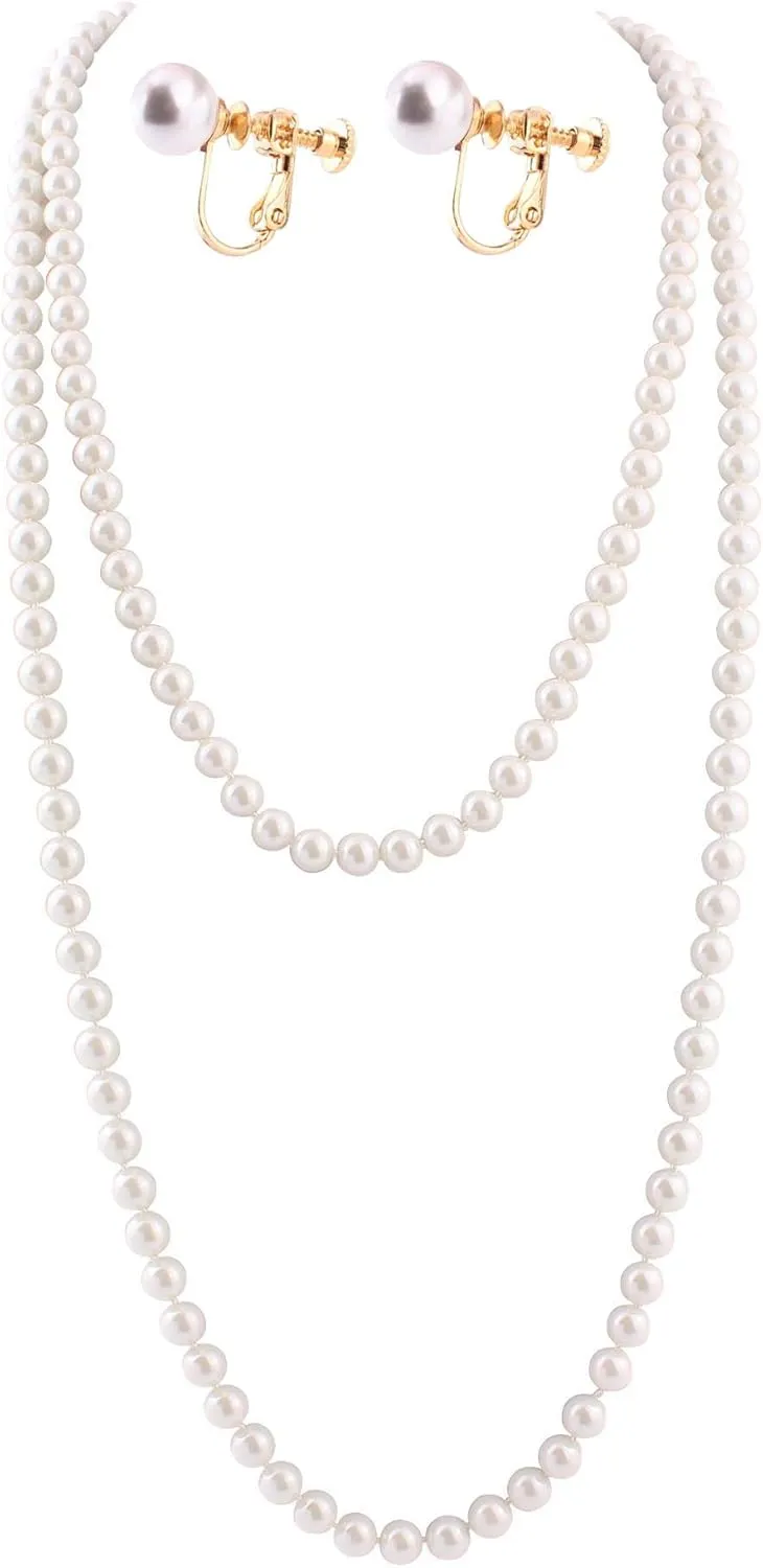 Handmade Faux Pearl Necklace and Clip on Earrings Jewelry Sets for Women Bib Choker Collar Necklace