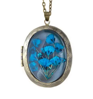 Handmade Oval Shaped Photo Locket with dried Pressed Flowers Locket pendant Necklace (Blue Baby's Breath)