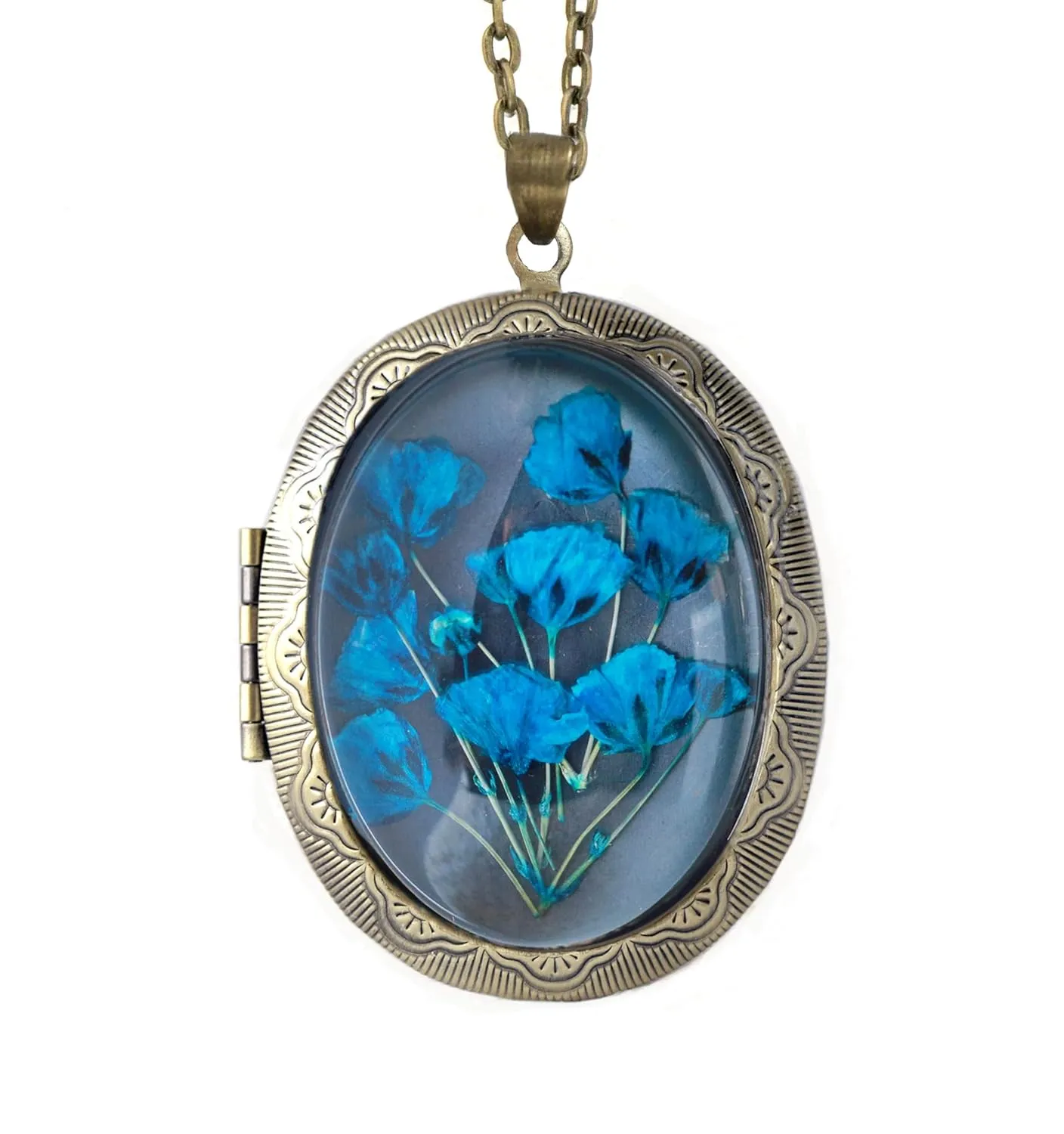 Handmade Oval Shaped Photo Locket with dried Pressed Flowers Locket pendant Necklace (Blue Baby's Breath)
