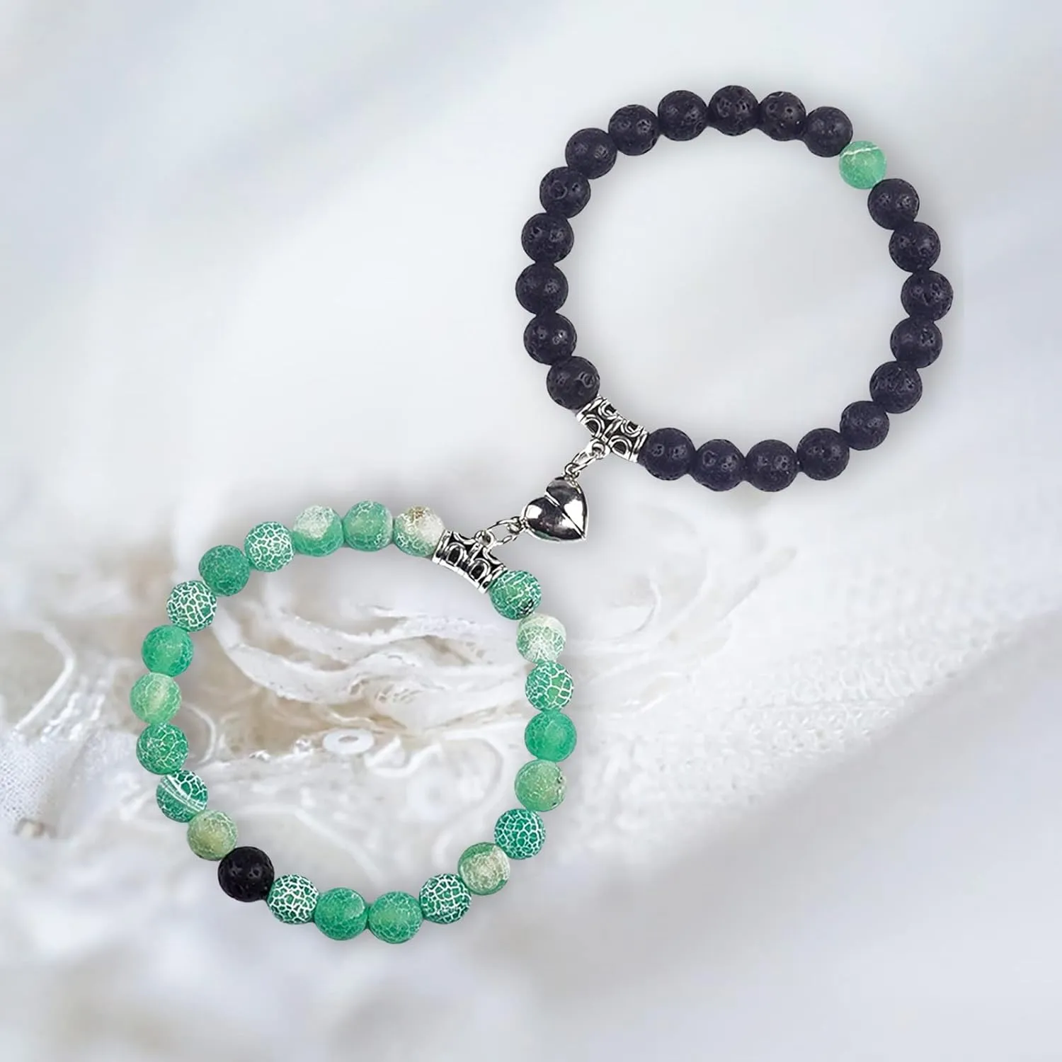 Matching Couple Bracelets Healing Crystal Bracelets for Couples Matching Heart Bracelet for Lover Him & Her Boyfriend Girlfriend Valentine's Day Gifts (Green Weathered Agate  Black Lava Rock)