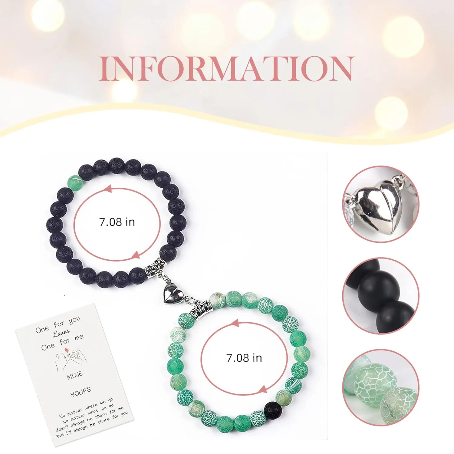 Matching Couple Bracelets Healing Crystal Bracelets for Couples Matching Heart Bracelet for Lover Him & Her Boyfriend Girlfriend Valentine's Day Gifts (Green Weathered Agate  Black Lava Rock)