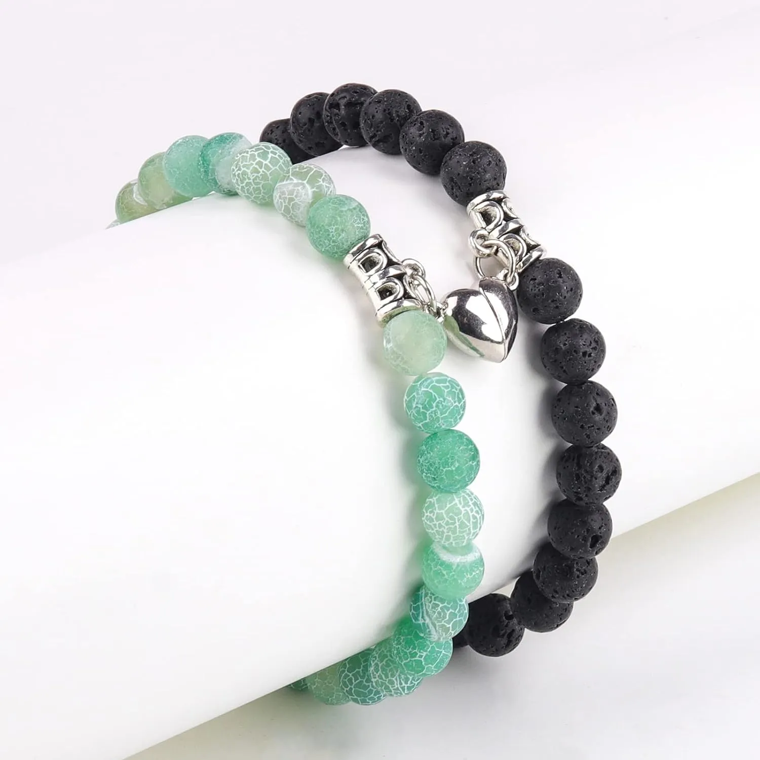Matching Couple Bracelets Healing Crystal Bracelets for Couples Matching Heart Bracelet for Lover Him & Her Boyfriend Girlfriend Valentine's Day Gifts (Green Weathered Agate  Black Lava Rock)
