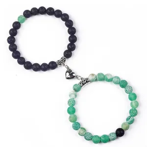 Matching Couple Bracelets Healing Crystal Bracelets for Couples Matching Heart Bracelet for Lover Him & Her Boyfriend Girlfriend Valentine's Day Gifts (Green Weathered Agate  Black Lava Rock)