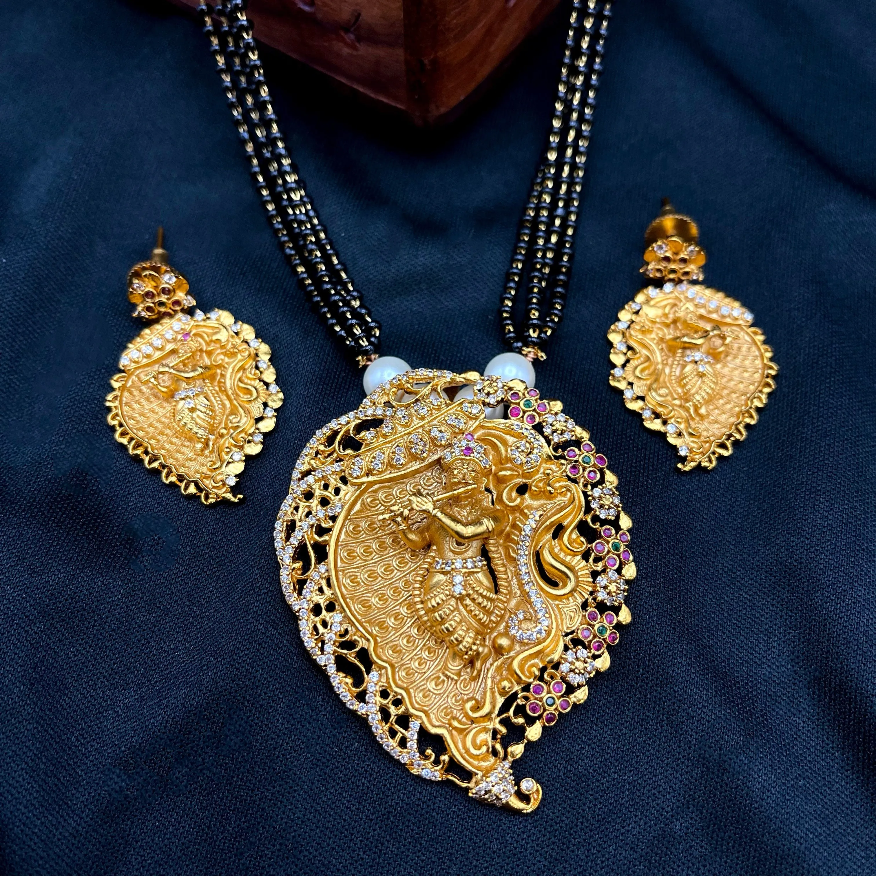 Matte Gold Leaf Krishna AD Mangalsutra Necklace Set