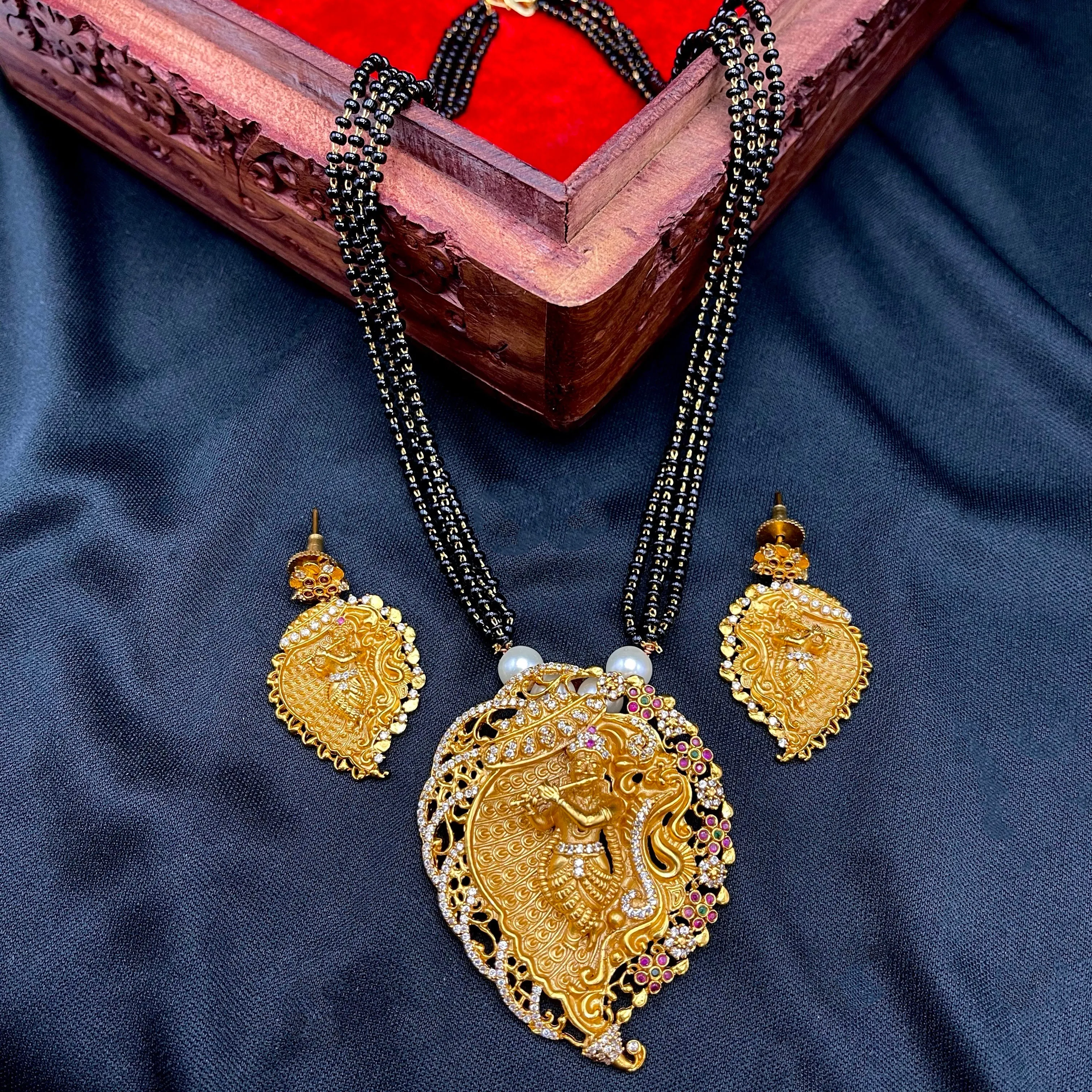Matte Gold Leaf Krishna AD Mangalsutra Necklace Set