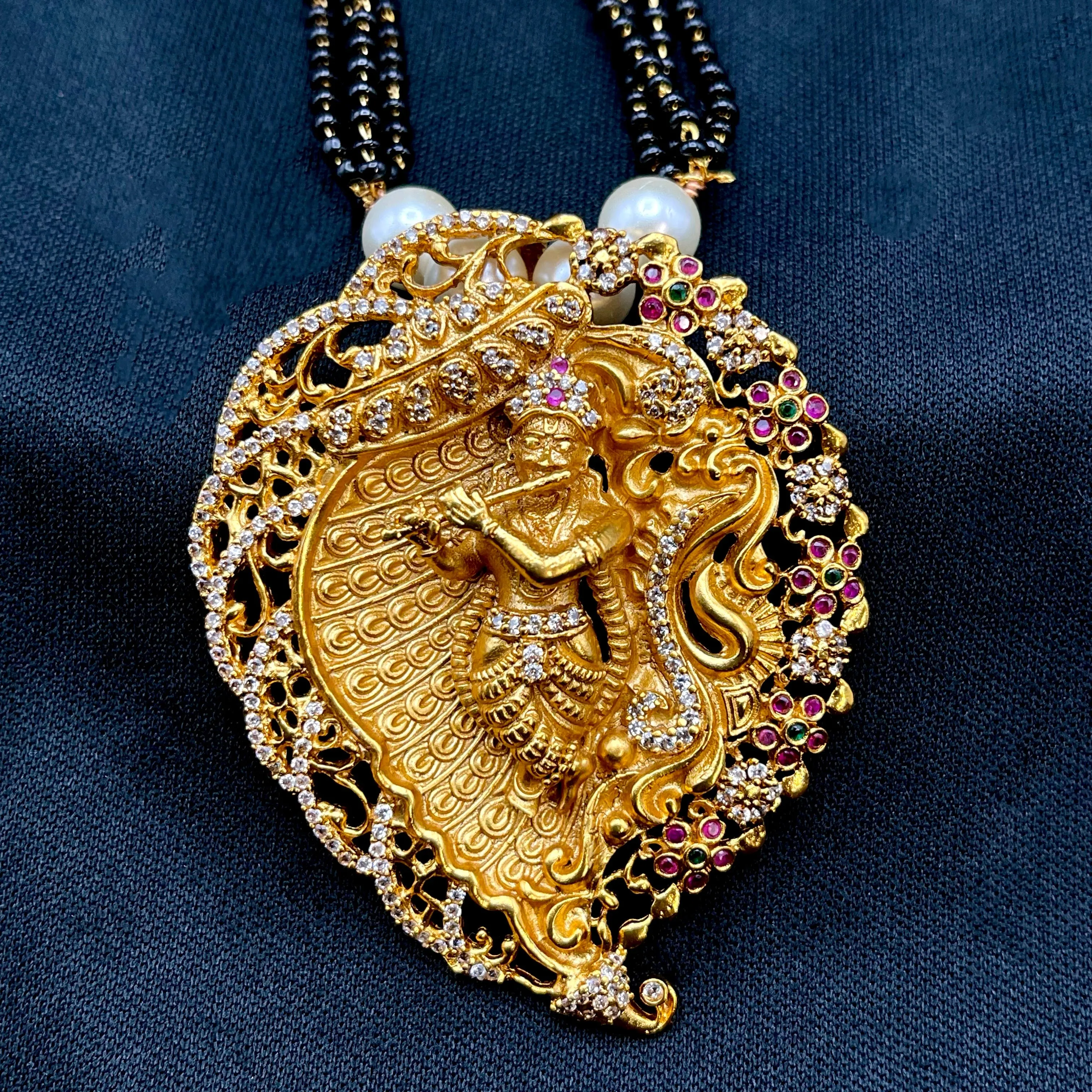 Matte Gold Leaf Krishna AD Mangalsutra Necklace Set
