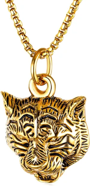 Mens and Womens Animal Necklace Stainless Steel Heavy Tiger Head Pendant Necklace