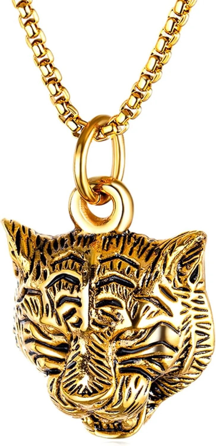 Mens and Womens Animal Necklace Stainless Steel Heavy Tiger Head Pendant Necklace