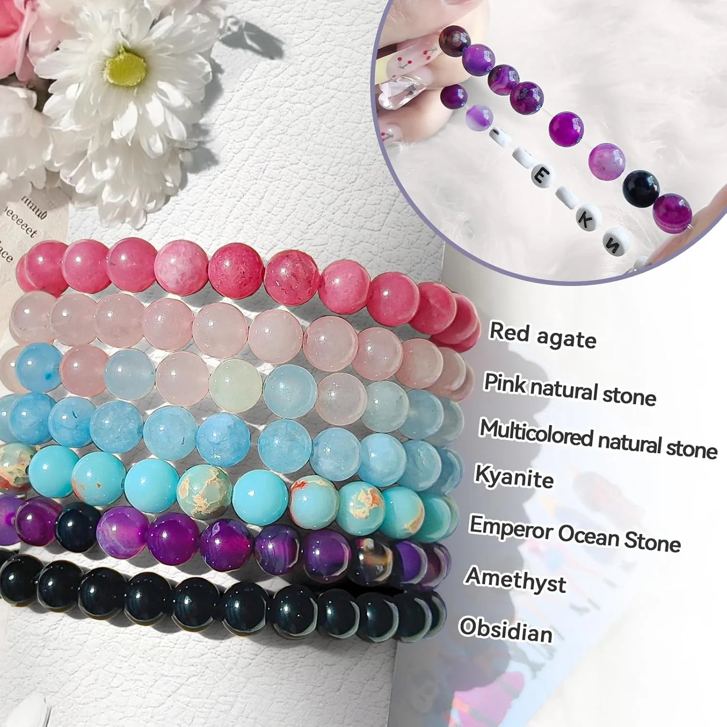 Perersonalized Bracelets Stretch Beaded Bracelets For Women Custom Name Bracelets Letter Bracelets For Teens Girls Boys Nature Stone Bracelets For Kids Friendship Bracelets Handmade Gift With Card