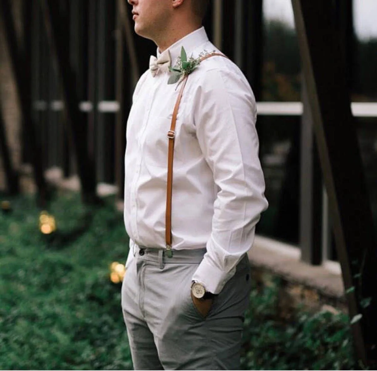 Skinny Caramel Suspenders with Honey Brown Bow Tie