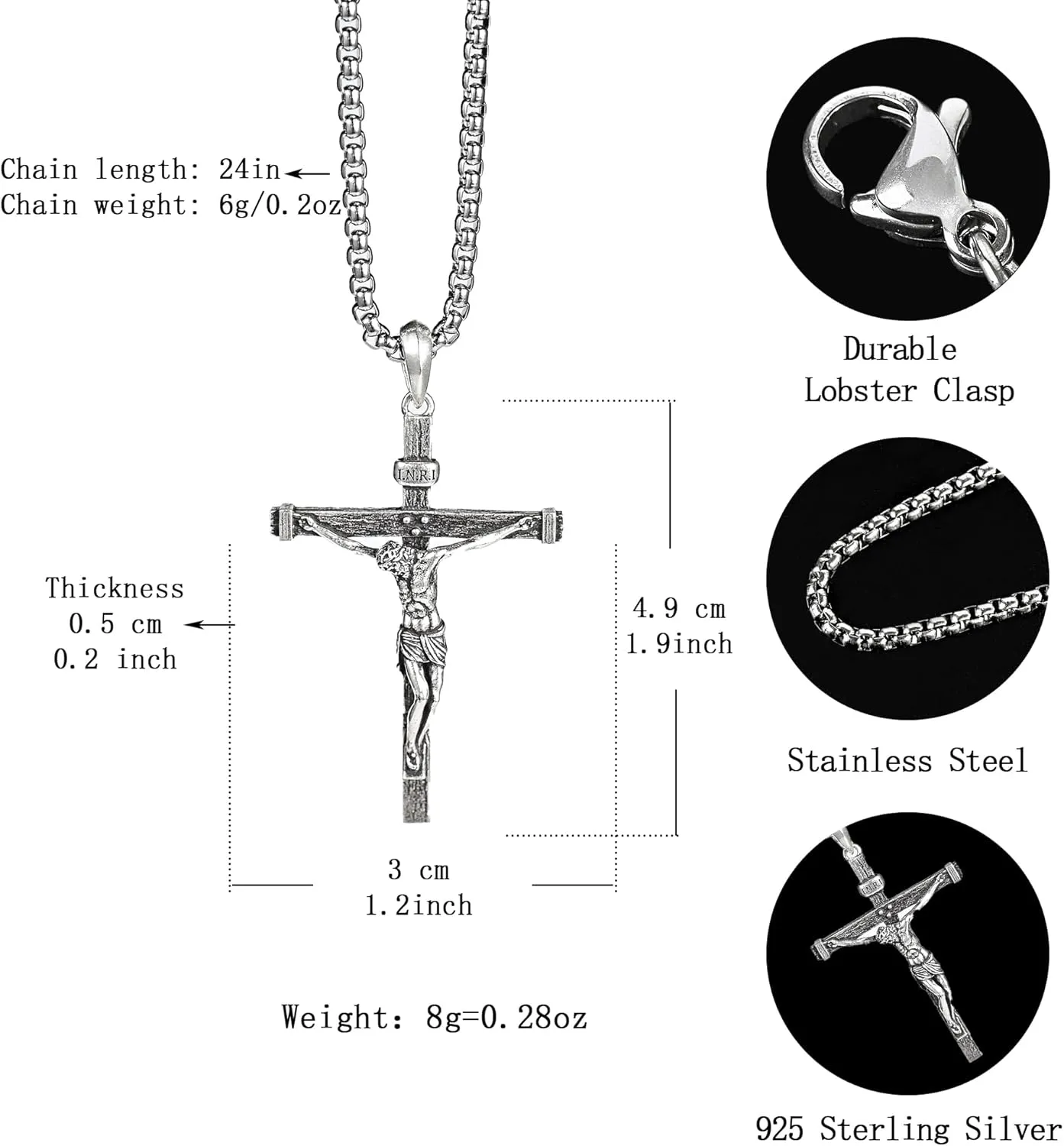 Sterling Silver Crucifix Pendant for Men, Catholic Jesus Cross Necklace for Women, 925 Sterling Silver Crucifix Necklace with Jesus Religious Gift for Easter Christmas