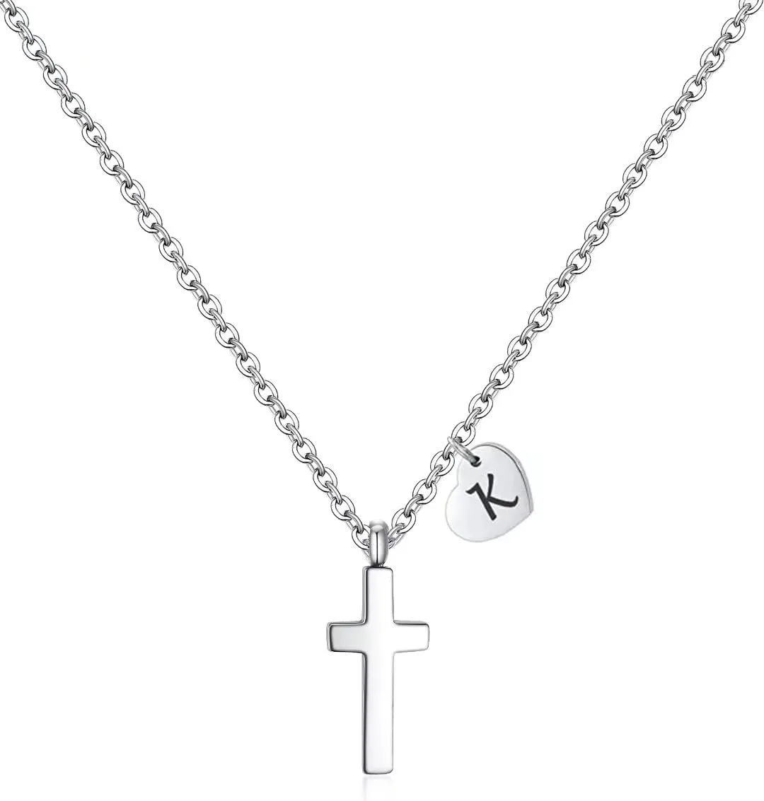 Tiny Cross Necklace for Girls | Heart Initial Necklace Women| Heart Birthstone Necklace | Letter Stainless Steel Pendant Jewelry First Communion Baptism Gifts Christmas Birthday Gifts