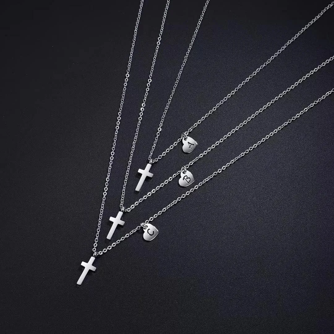Tiny Cross Necklace for Girls | Heart Initial Necklace Women| Heart Birthstone Necklace | Letter Stainless Steel Pendant Jewelry First Communion Baptism Gifts Christmas Birthday Gifts