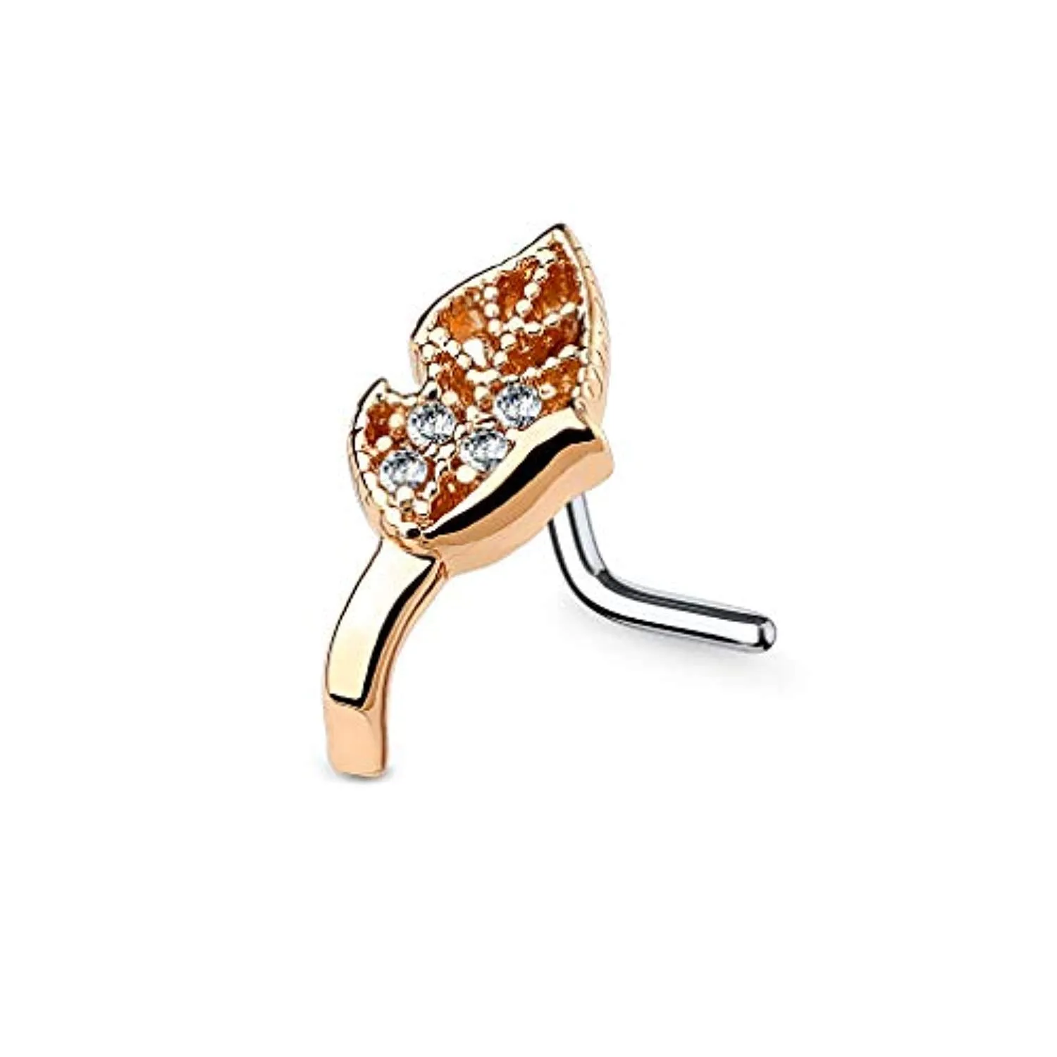 WildKlass CZ Set Leaf Nose Crawlers 316L Surgical Steel L Bend Nose Stud Rings