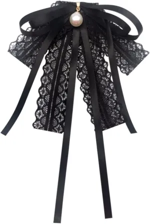 Women's and girl's Fashion black lace bow brooch clothing accessories Student pearl ribbon bow tie